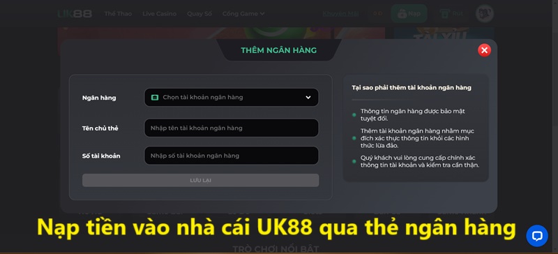 Nạp tiền vào nhà cái UK88 qua thẻ ngân hàng