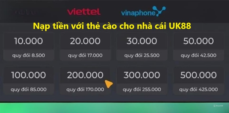 Nạp tiền với thẻ cào cho nhà cái UK88