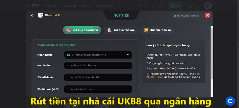 Rút tiền tại nhà cái UK88 qua ngân hàng